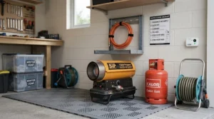 A compact LPG forced air heater showing its space-saving design for storage in garages or sheds.