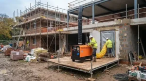 Indirect diesel-fired heater drying out a damp building site to accelerate construction.