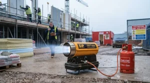 A rugged propane forced air heater used to maintain warmth on a busy UK construction site.