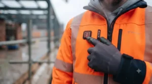 A tradesperson adjusting the heat settings on their jacket while on a construction site.
