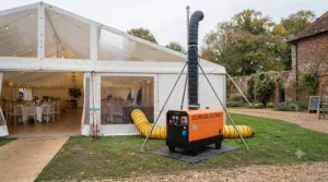 A powerful indirect diesel heater set up outside a marquee for safe event heating.