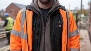Close-up detail of durable, waterproof fabric on heated workwear for rainy British weather.