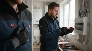 Electrician comfortable in a slim-fit heated gilet while installing wiring.