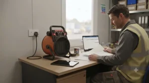 Energy-efficient fan heater providing warmth to a small, busy site office.