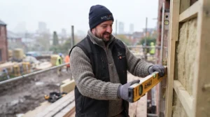A construction worker wearing a heated gilet over a jumper, demonstrating site versatility.