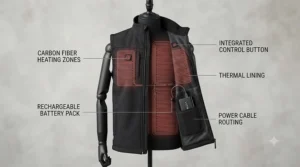 Diagram showing the carbon fibre heating zones, integrated control button, and thermal lining of a trade heated gilet.