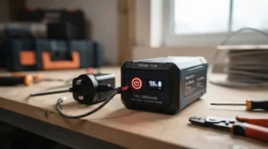 Close-up of a long-lasting rechargeable battery pack for heated workwear.