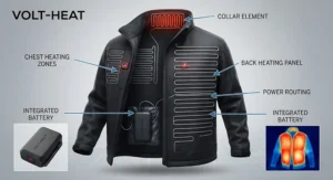 Technical diagram showing the integrated heating filaments across the chest and back of a heated jacket.