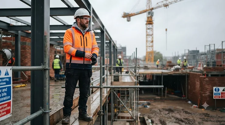 A construction worker wearing a durable, high-vis heated jacket on a cold and overcast UK building site. heated jacket for construction workers