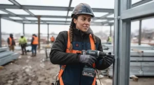 Electrician working safely outdoors in winter wearing a high-visibility heated jacket.