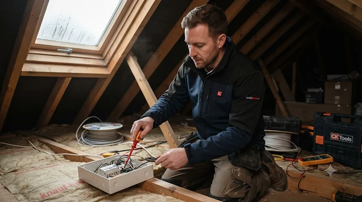 Plumber wearing a durable heated jacket while working in a cold loft space. heated jacket for plumbers electricians