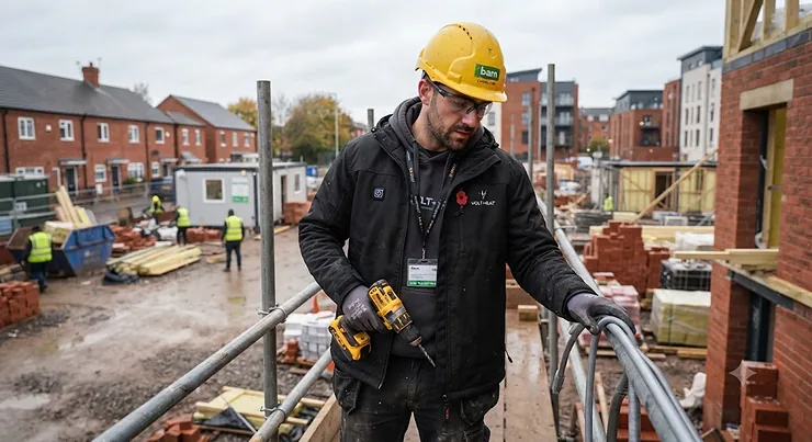 A professional tradesman wearing a durable heated jacket on a cold UK building site. heated jacket for tradesmen