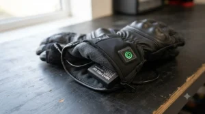 Close-up of a rechargeable lithium-ion battery and control button on a heated motorcycle glove showing multiple temperature settings.