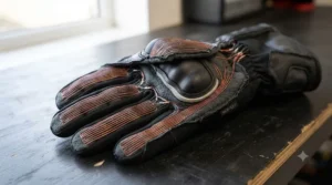 Diagram illustrating the internal heating wire placement across the fingers and back of a heated motorcycle glove.