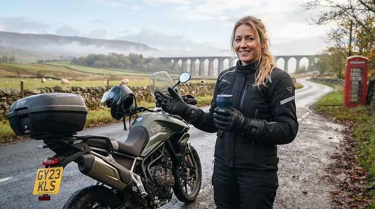 Rider wearing heated motorcycle gloves to manage Raynaud's syndrome while riding in cold UK weather heated motorcycle gloves for Raynaud's