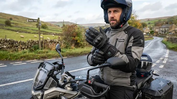 A pair of black heated motorcycle gloves resting on a bike seat, designed to keep hands warm during cold British winter rides. heated motorcycle gloves