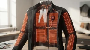 Diagram showing carbon fibre heating element zones across the chest, back, and sleeves of a heated motorcycle jacket.