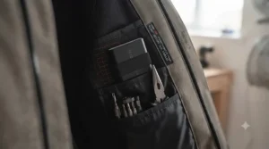 Internal pocket design of a heated jacket, ideal for storing trade tools.