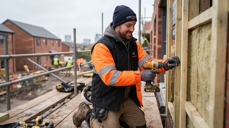 A professional builder on a cold UK construction site wearing a high-quality heated gilet. heated workwear for builders