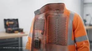 Diagram highlighting the strategic heating zones across the back and chest of the heated jacket.