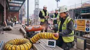 Construction worker adjusting the heat output settings on a portable gas heater.