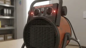Clear view of the safety grille on a powerful heater with thermal cut-out.