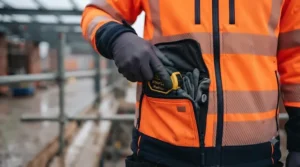 Showing the reinforced pockets on a heated jacket for carrying tools and mobile phones.