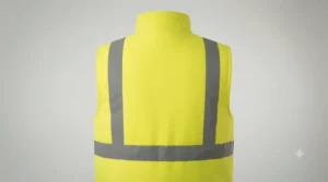 Rear view of a safety hi-vis heated gilet showing reflective tape.