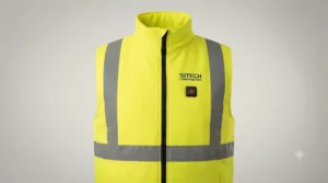 Front view of a high-visibility heated gilet with chest power button.