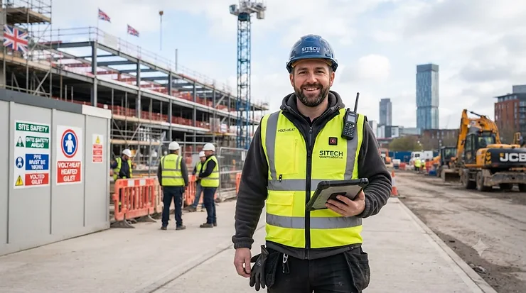 Man wearing a yellow hi-vis heated gilet on a construction site. hi vis heated gilet