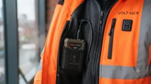 Close-up showing the easy-access battery compartment inside a hi-vis heated jacket.
