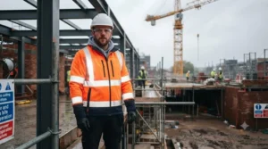 A construction worker wearing a high-visibility heated jacket to ensure safety on a busy site.