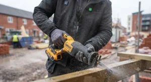 A tradesman wearing a high-visibility heated jacket with reflective strips on a site.
