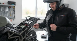 Connecting a budget heated motorcycle jacket to a 12V motorbike battery for long winter journeys.