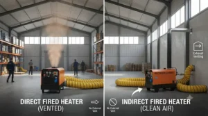 Diagram showing how indirect heaters vent exhaust gases outside while circulating clean air.
