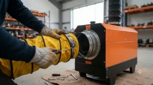 Connecting flexible ducting to an indirect heater for targeted airflow in a factory.