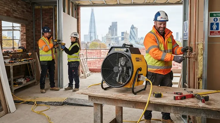 Heavy-duty electric fan heater providing rapid warmth on a UK construction site. fan heater for construction site