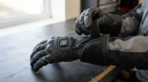Adjustable long gauntlet cuff of a heated motorcycle glove tucked securely over a waterproof jacket sleeve.