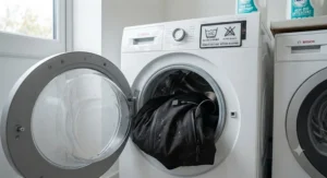 An illustration demonstrating that the heated jacket is machine washable with the battery removed.