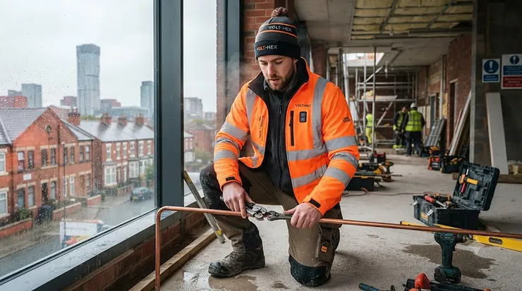 Man wearing a high-visibility orange heated jacket on a construction site during a cold winter day. hi vis heated jacket