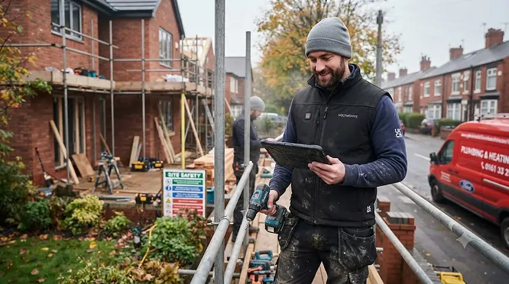 A construction worker wearing a black trade heated gilet while working on a cold building site. trade heated gilet