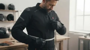 A motorcyclist checking the snug, flexible fit of a tailored heated motorcycle jacket before a ride.