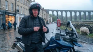 A commuter parking a motorbike in a UK city centre wearing a versatile heated vest.