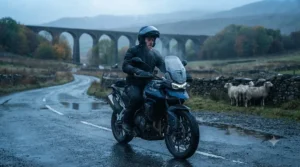 A motorcyclist riding through typical cold, wet British weather while testing heated gear.