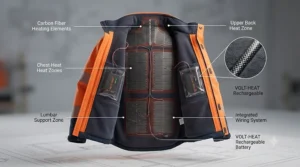 Close-up view showing the rechargeable battery pack stored securely inside the internal pocket of the heated safety jacket.