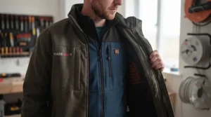 Plumber layering a heated jacket over a fleece for warmth on site.
