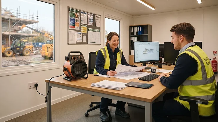 Portable, powerful fan heater warming a modern construction site office. powerful fan heater for site office