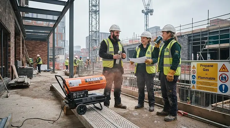 Industrial propane heater warming a busy UK construction site during winter. propane heater for construction site