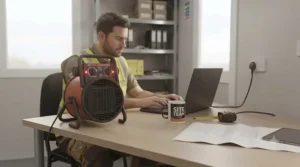 A worker focused at their desk with a quiet, powerful fan heater nearby.