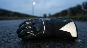 Reflective piping glowing on a pair of heated motorcycle gloves for improved night visibility on UK roads.